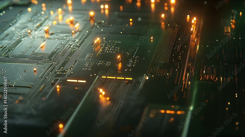 Aufkleber close-up view of a glowing circuit board with intricate patterns and lights, showcasing technology i