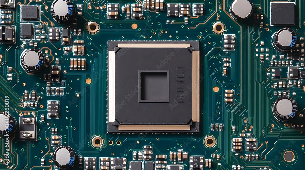 Poster close-up view of a microprocessor on a green circuit board with electronic components and connectors