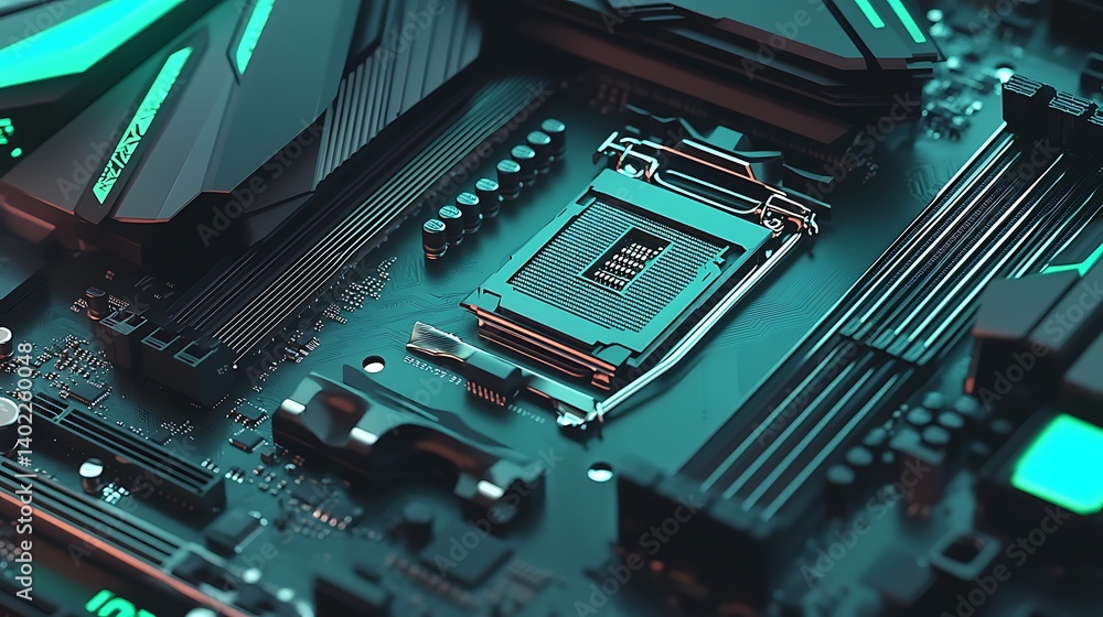 Poster close-up view of a modern computer motherboard showcasing intricate circuitry and components