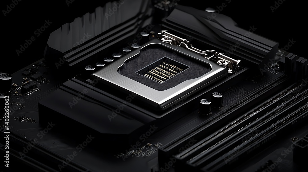 Aufkleber close-up view of a sleek computer motherboard showcasing a cpu socket with intricate details