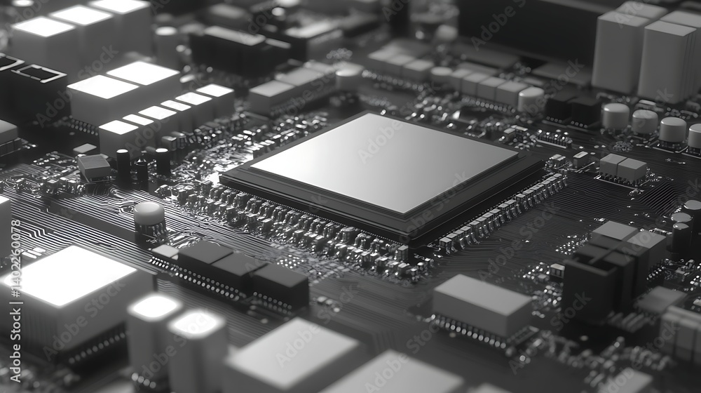 Poster close-up view of a modern microchip on a circuit board showcasing intricate electronic components