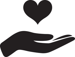 A simple hand holding a heart, symbolizing care and compassion. A black silhouette of an outstretched hand holding a heart-shaped object against a plain white background.