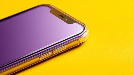 Close-up of smartphone with purple screen and case on vibrant yellow background.