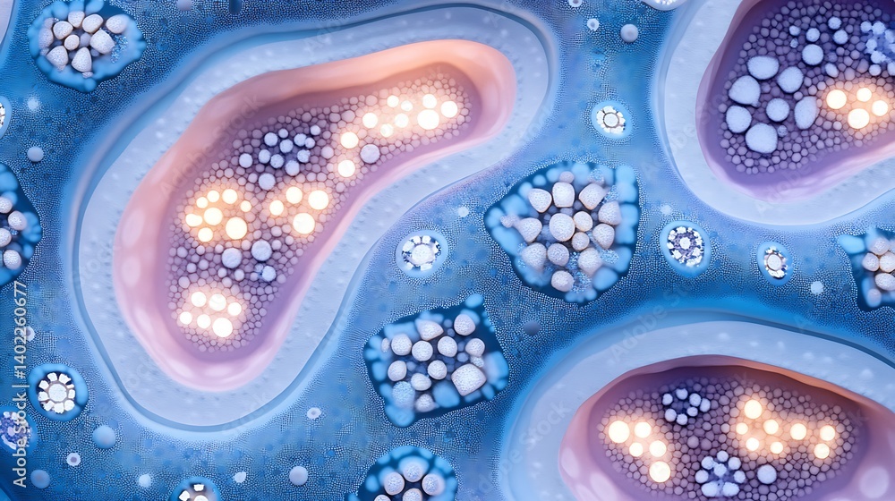 Aufkleber Close-up view of abstract cellular structures with glowing elements, showcasing intricate patterns and colors