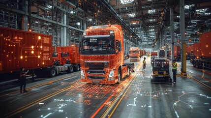 High-Tech Logistics Hub with Trucks and Digital Network Visualization