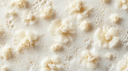 Close-up view of creamy foam with delicate floral shapes, evoking a sense of softness and tranquility
