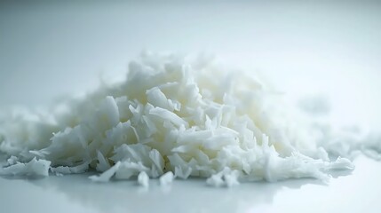 Close-up view of finely grated coconut on a smooth surface, emphasizing texture and purity
