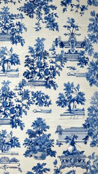Elegant Toile Pattern with Floral Bouquets and Architectural Details in Blue Ink Style for Textile and Design Projects