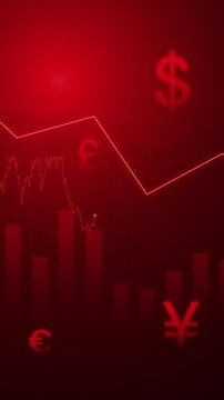 decrease currency price graph and chart digital background animation portrait. world downtrend currency price animation with red color