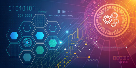 Obraz premium Futuristic Technology Interface with Binary Code, Hexagons, and Digital Gears