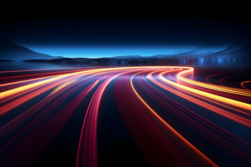 Vibrant highway at sunset. Motion blur effect highlights speed and technology

