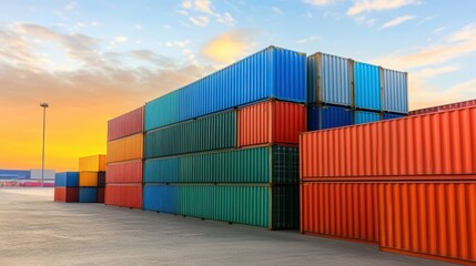 Fototapeta premium Colorful shipping containers at sunset.