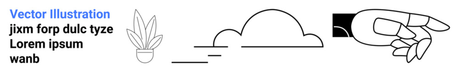 Hand pointing gesture, potted plant, minimal clouds with geometric shapes. Ideal for nature, recognition, simplicity, direction, environment, creativity flat landing page banner