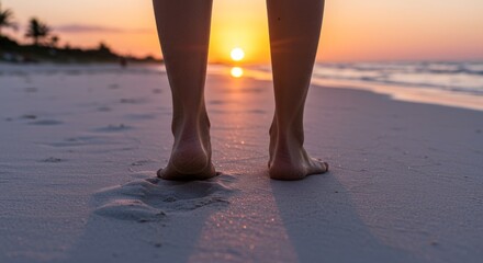 Close-up of bare feet walking on a sandy beach at sunset