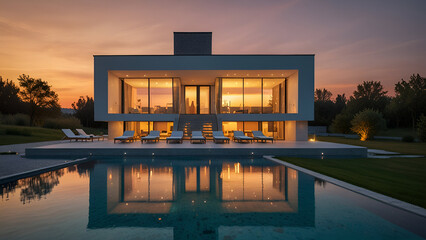Fototapeta premium Modern Minimalist House with Large Glass Windows and an Infinity Pool Reflecting a Vibrant Sunset