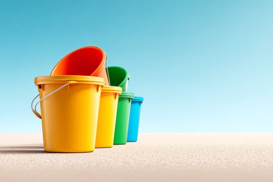 Colorful beach buckets arranged together, vibrant yellow, red, green, blue, perfect for summer fun and creative sandcastle making.