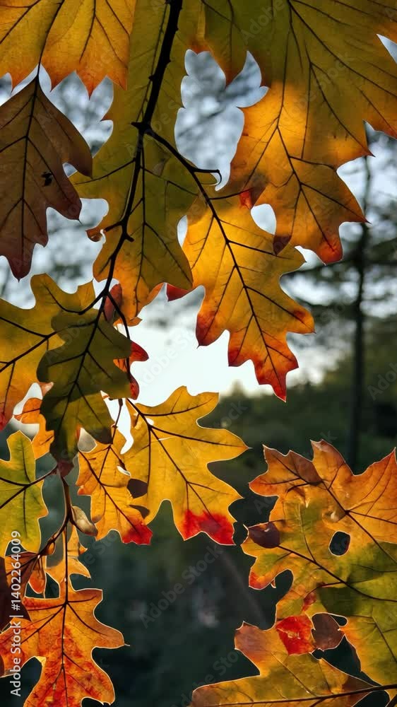 Poster close-up of autumn leaves on a branch with golden yellow and red hues, illuminated by sunlight, crea