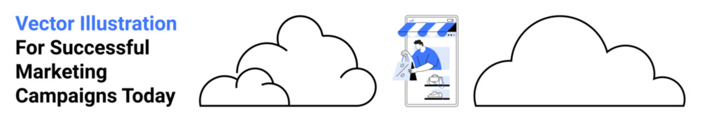 Clouds framing a digital marketing concept featuring a man managing a small store. Ideal for e-commerce, small business, digital marketing, branding, analytics, innovation, communication. Flat