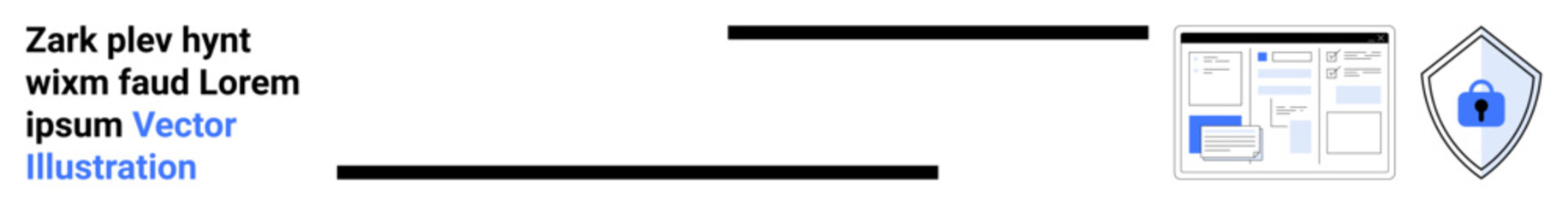 Web interface layout with graphs and document next to a shield icon. Ideal for data security, online protection, cybersecurity, information safety, secure browsing, encryption, flat landing page
