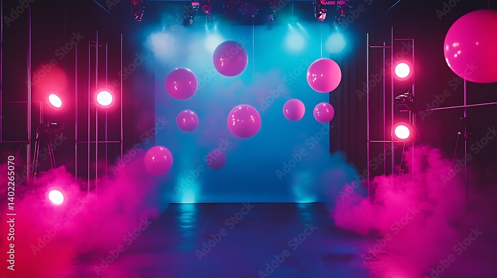Poster colorful stage setup with floating spheres and dramatic lighting effects creating a vibrant atmosphe