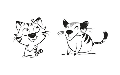 Black tiger doodle line art set on white background, Cartoon art, tiger Silhouette Vector illustration, Logo, Symbol