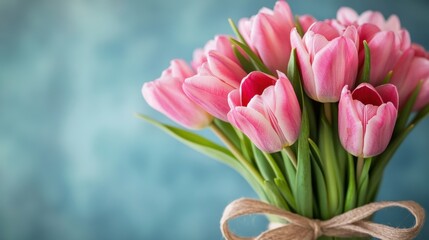 Fototapeta premium A rustic wooden surface serves as the backdrop for a charming arrangement of pink tulips.
