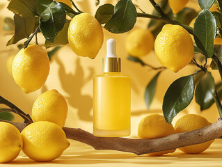 a lemon essential oil bottle with a dropper on a beige background, surrounded by fresh lemons and green leaves on a branch.