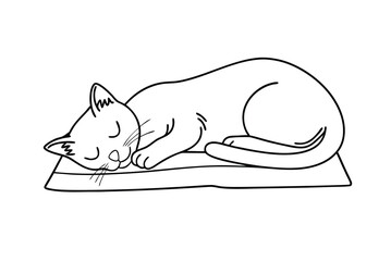 Hand Drawn Sleeping Cat On Pillow Black Line Art Illustration