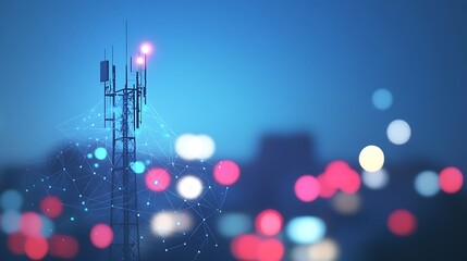 Communication tower with glowing lights against a blurred cityscape at dusk, symbolizing connectivity