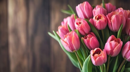 Fototapeta premium A rustic wooden surface serves as the backdrop for a charming arrangement of pink tulips.