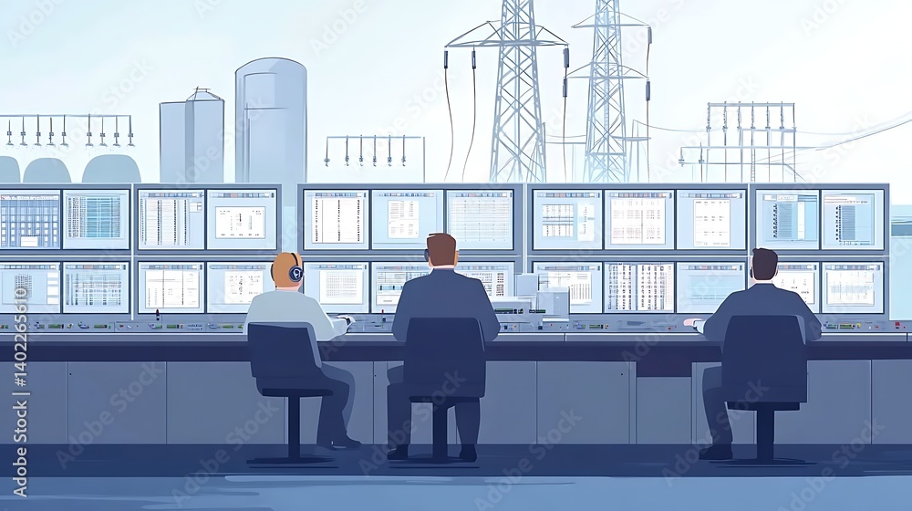 Poster control room with operators monitoring power grid data, showcasing technology and urban landscape