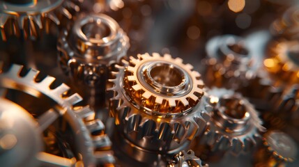 輝く金属歯車群のクローズアップ画像 黄金と銀のメカニズムのディテール 抽象的な背景に配置