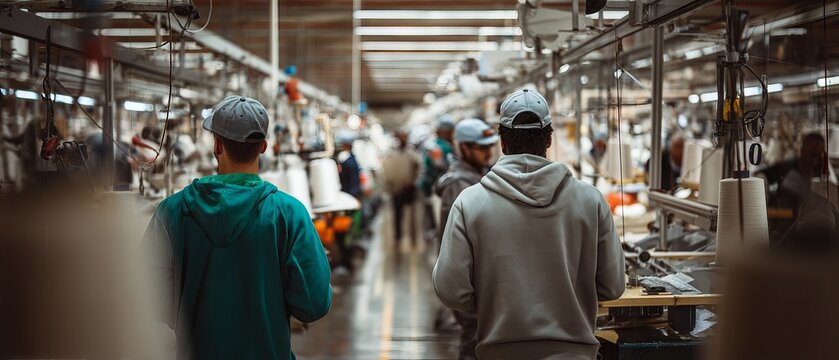 Back view of male factory workers operating industrial machinery in warehouse