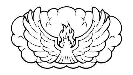 Rising Phoenix Illustration With Wings And Fire Emitting From Its Body And Ornamental Clouds In Outlined Style