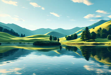 Fototapeta premium A serene landscape featuring a river winding through lush green forests under a soft, glowing sunrise,generative AI