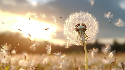 A dandelion seeds blowing in the breeze against a warm sunset background in a peaceful field.