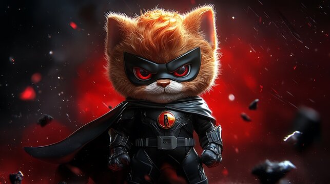 Fototapeta Fierce Cartoon Cat Superhero in Black Costume Against Red Background
