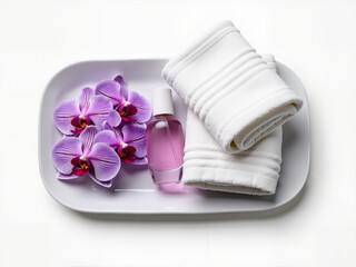Gentle spa treatment for aging population featuring soft towels, delicate orchid flowers, and elegant lotion bottle promotes relaxation and self-care for seniors in a tranquil environment