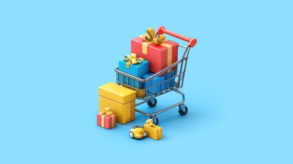 Gifts overflowing shopping cart, blue background.