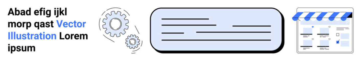 Gears representing mechanical process, text box for content, and online storefront concept. Ideal for business, technology, web design, digital marketing, engineering, online stores automation