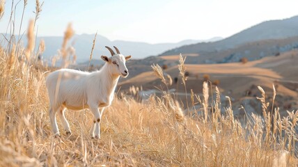 Obraz premium A serene white goat grazes in a golden sunlit field with mountains in the background.