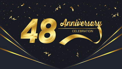 A luxurious 48th anniversary celebration design featuring bold golden typography, ribbons, and shimmering confetti on a sleek black background for a festive, elegant occasion.