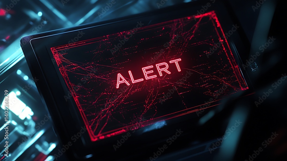 Aufkleber digital alert screen displaying warning with red text on a dark, high-tech background
