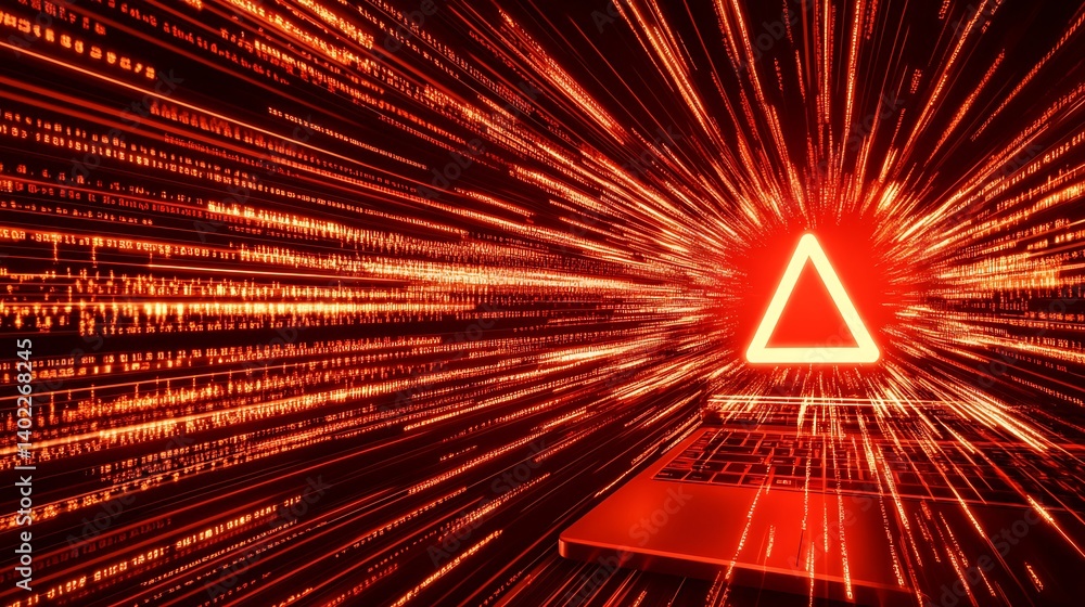 Poster digital alert symbol on a laptop with red data streams representing cybersecurity threats