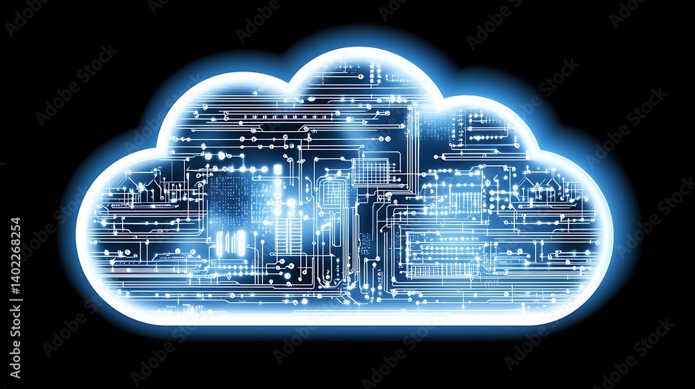 Poster digital cloud symbol featuring circuit patterns and glowing edges, representing technology and innov