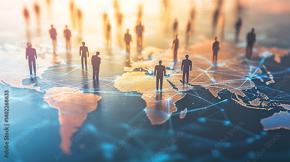 Poster digital representation of global connectivity with people figures over a world map, symbolizing netw