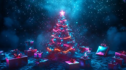 Magical Christmas tree glowing with neon lights and surrounded by wrapped gifts