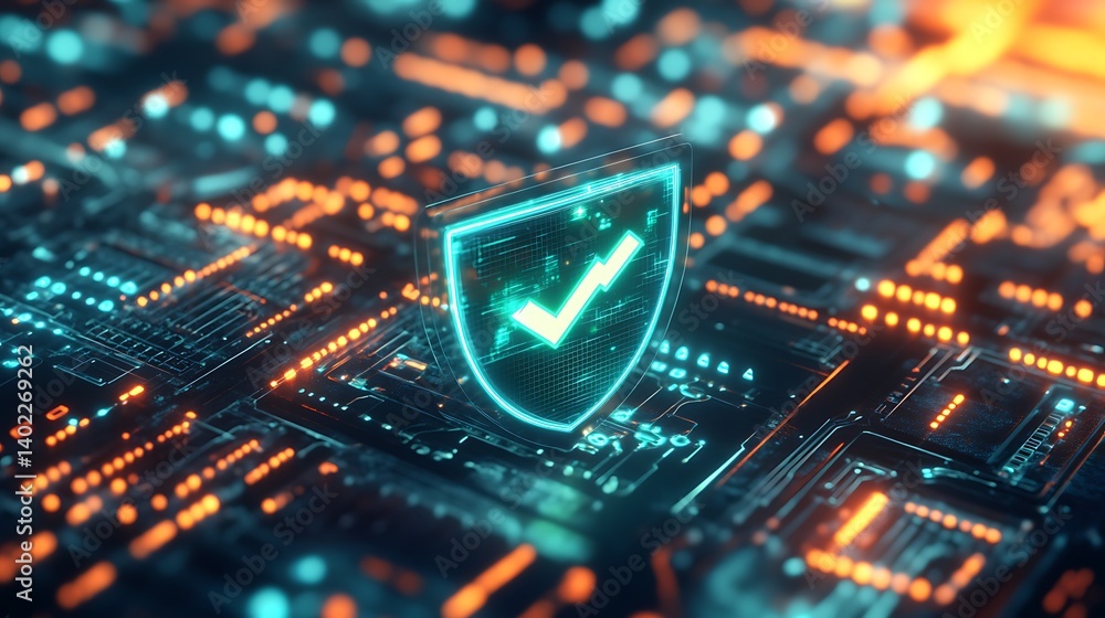 Poster digital shield symbolizing cybersecurity protection amidst a futuristic network of circuits and ligh