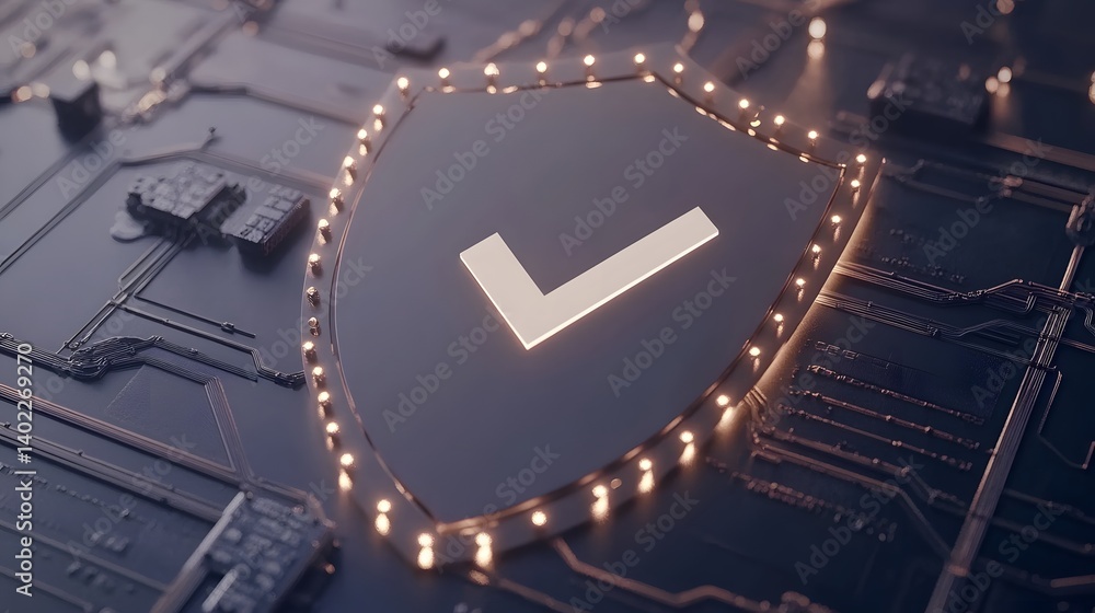 Poster digital shield symbolizing cybersecurity with glowing edges on a circuit board background