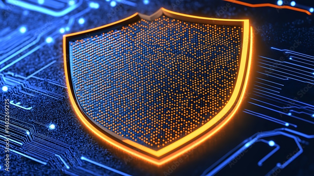 Poster digital shield symbolizing cybersecurity with glowing circuitry background, representing protection